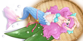 1girl arms_up blue_eyes highres laura_la_mer long_hair looking_at_viewer lying mermaid midriff monster_girl nekoranbu on_back open_mouth pink_hair precure rosemary_(herb) smile solo tropical-rouge!_precure very_long_hair