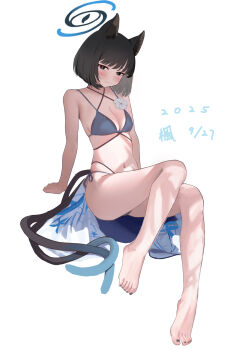 1girl absurdres animal_ears barefoot bikini black_eyes black_hair black_halo black_tail blue_archive blue_bikini blue_tail cat_ears cat_girl cat_tail chinese_commentary colored_inner_animal_ears commentary criss-cross_straps feet gradient_tail halo highres kikyou_(blue_archive) kikyou_(swimsuit)_(blue_archive) layered_bikini legs looking_at_viewer multi-strapped_bikini_bottom multiple_tails nail_polish official_alternate_costume short_hair sitting solo swimsuit tail toenail_polish toenails toes two_tails wumeizhi_ume