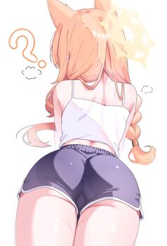 1girl ? absurdres alternate_costume animal_ears ass ass_focus blue_archive blue_shorts braid cat_ears commentary dolphin_shorts english_commentary hair_tie halo highres long_hair lying mari_(blue_archive) on_stomach orange_hair poko050498 shorts simple_background single_braid solo tank_top thighs veins veiny_thighs white_background white_tank_top yellow_halo