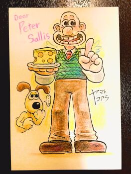 ... 2boys animal_hands bald black_eyes brown_footwear brown_pants cheese collared_shirt commentary_request english_text food full_body furry furry_male green_sweater_vest gromit hand_to_own_mouth highres holding holding_plate long_sleeves looking_at_another looking_at_viewer multiple_boys necktie open_mouth pants peter_sallis plate pointing pointing_up red_necktie shirt shoes signature smile speech_bubble sweater_vest teeth traditional_media wallace_(wallace_&amp;_gromit) wallace_&amp;_gromit white_shirt yamato_koara