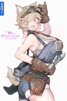 1girl absurdres animal_ears blonde_hair blue_overalls bolt_(hardware) breasts brown_gloves cleavage commentary_request commission cowboy_shot derorin dog_ears dog_girl dog_tail gears gloves goggles goggles_on_head grey_tank_top highres holding holding_wrench large_breasts looking_at_viewer mole mole_on_breast nail_(hardware) nixie_tube nut_(hardware) open_mouth original overalls purple_eyes screw short_hair simple_background skeb_commission smile solo tail tank_top white_background wrench