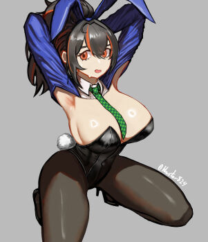 1girl alternate_costume animal_ear_hairband animal_ears armpits arms_up black_hair black_leotard black_pantyhose blue_shrug breasts checkered_necktie commentary english_commentary fake_animal_ears green_necktie grey_background hairband highres khester824 kneeling large_breasts leotard looking_at_viewer multicolored_hair necktie open_mouth pantyhose ponytail presenting_own_armpit rabbit_ear_hairband rabbit_ears rabbit_tail red_eyes red_hair shrug_(clothing) simple_background solo strapless strapless_leotard streaked_hair tail zenless_zone_zero zhu_yuan