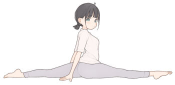 1girl 1ssakawaguchi absurdres ahoge barefoot blush breasts brown_hair closed_mouth commentary feet from_side grey_eyes grey_leggings highres ichika_(1ssakawaguchi) leggings looking_at_viewer original petite ponytail shirt short_hair short_ponytail short_sleeves simple_background sitting_split small_breasts solo split spread_legs toes white_background white_shirt