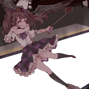 Rule 34 | 2girls, absurdres, alternate costume, bandaged arm, bandages, bandaid, black socks, bow, bowtie, brown hair, brown shoes, buttons, closed eyes, clothing request, commentary request, frilled skirt, frills, grin, hair bow, hat, highres, himekaidou hatate, long hair, makihako bunko, multiple girls, plaid clothes, plaid skirt, pom pom (clothes), puffy short sleeves, puffy sleeves, purple bow, purple bowtie, purple skirt, red hat, selfie stick, shameimaru aya, shirt, shirt tucked in, shoes, short sleeves, skirt, sleeve garter, smile, socks, tears, tokin hat, touhou, w, white shirt