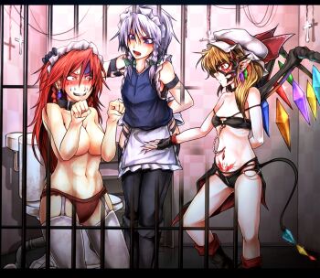 3girls adapted_costume alternate_costume apron arm_behind_back bare_arms bars bdsm black_bra black_gloves black_legwear black_panties blonde_hair blue_eyes bondage boots bound bra braid breasts cell claws cleavage cross demon_tail earrings female_focus femdom fingerless_gloves fingernails flandre_scarlet garter_straps gloves hand_on_head hat hat_ribbon hong_meiling horns izayoi_sakuya jewelry knee_boots kneeling large_breasts letterboxed long_fingernails maid maid_apron maid_headdress manatsu_no_yo_no_inmu mask midriff mouth_mask multiple_girls nail_polish navel navel_piercing no_pants open_mouth panties paw_pose piercing pointy_ears prison_cell red_eyes red_nails red_panties ribbon ryuuichi_(f_dragon) showgirl_skirt silver_hair sweat tail tattoo thighhighs toilet topless_female touhou twin_braids underwear underwear_only vampire vest waist_apron white_legwear wide-eyed wings