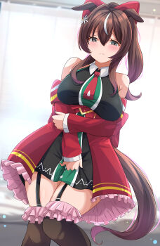 1girl animal_ears bare_shoulders black_dress black_thighhighs blush bow breasts brown_hair closed_mouth coat collared_dress commentary_request commission dress frills garter_straps grey_eyes hair_between_eyes hair_bow hair_ornament highres horse_ears horse_girl horse_tail large_breasts liukensama long_hair looking_at_viewer multicolored_hair necktie original personification pixiv_commission red_coat red_necktie sleeveless sleeveless_dress solo streaked_hair tail thighhighs umamusume white_streaks