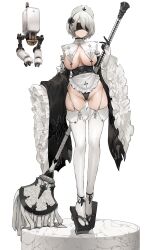 Rule 34 | 1girl, 2b (nier:automata), absurdres, apron, black blindfold, black bow, black footwear, black gloves, black leotard, black ribbon, blindfold, bow, bowtie, breast curtains, breasts, cameltoe, closed mouth, covered eyes, cross, detached sleeves, dishwasher1910, drone, english text, floating, floral background, frilled apron, frilled sleeves, frills, full body, garter straps, geta, gloves, gluteal fold, highres, holding, holding mop, large breasts, leotard, long legs, long sleeves, maid, maid headdress, marble (stone), mop, nier:automata, nier (series), no bra, non-humanoid robot, parted bangs, partially visible vulva, pod (nier:automata), revealing clothes, ribbon, robot, science fiction, short hair, skindentation, sleeves past fingers, sleeves past wrists, standing, tabi, thighhighs, thighs, waist apron, weapon, white apron, white hair, white ribbon, white thighhighs, wide sleeves