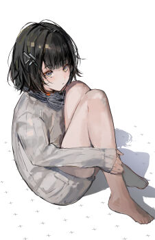 1girl :/ absurdres arknights arknights:_endfield barefoot black_eyes black_hair commentary_request endministrator_(arknights) female_endministrator_(arknights) foot_out_of_frame grey_sweater hair_ornament highres knees_to_chest long_sleeves looking_at_viewer maria_(syake-uni) naked_sweater no_mask no_pants shadow short_hair simple_background sleeves_past_wrists solo sweater white_background