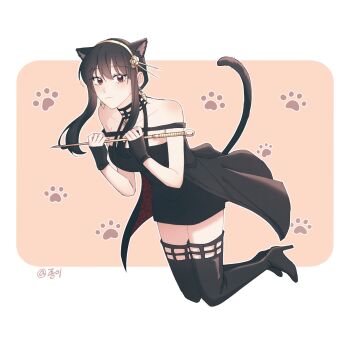 1girl animal_ears bare_shoulders black_boots black_dress black_hair boots border breasts cat_ears cat_girl cat_tail closed_mouth dagger dress earrings extra_ears floating flower full_body gold_earrings gold_hairband hair_between_eyes hair_flower hair_ornament hair_stick hairband high-low_dress highres holding holding_weapon jewelry kemonomimi_mode knife light_blush medium_breasts paper_28 paw_print pink_background red_eyes sidelocks solo spy_x_family stiletto_(weapon) tail thigh_boots thighhighs twitter_username two-sided_dress two-sided_fabric updo weapon white_border yor_briar zettai_ryouiki