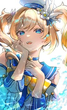 1girl absurdres barbara_(genshin_impact) barbara_(summertime_sparkle)_(genshin_impact) blonde_hair blue_choker blue_eyes choker commentary_request detached_sleeves drill_hair flower genshin_impact hand_on_own_cheek hand_on_own_face hands_up hat hat_flower highres hydrokinesis illustuttillust long_hair looking_at_viewer official_alternate_costume open_mouth sailor_hat simple_background smile solo teeth twin_drills twintails upper_body upper_teeth_only water wet white_background