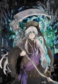 Rule 34 | 1boy, black hat, black robe, braid, commentary request, green eyes, grey hair, hair between eyes, hat, holding, holding scythe, kuroshitsuji, long hair, long sleeves, male focus, parted lips, robe, ruka (blueplus84), scar, scar on face, scythe, side braid, skeleton, solo, twitter username, undertaker (kuroshitsuji), wide sleeves