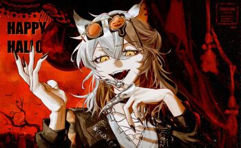 1other :d black_nails brown_hair brown_jacket claw_ring crossed_bangs curtains english_text eyewear_on_head fangs fingernails hakyusiku happy_halloween highres jacket kemonomimi_mode long_fingernails looking_at_viewer medicine_pocket multicolored_hair official_alternate_costume open_mouth orange-tinted_eyewear portrait red_background reverse:1999 shirt smile solo teeth tinted_eyewear tongue tongue_out watermark white_hair white_shirt yellow_eyes