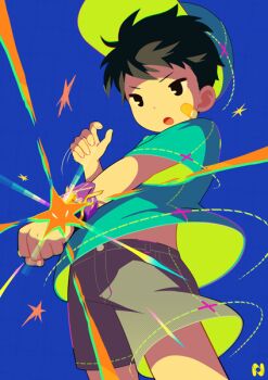 1boy bad_id bad_tumblr_id bandaid bandaid_on_face black_eyes black_hair blue_background child cowboy_shot hat male_focus noeyebrow_(mauve) open_mouth original shirt short_hair shorts simple_background solo t-shirt