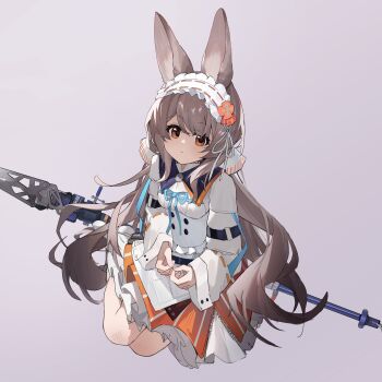 1girl absurdres animal_ears arknights blue_ribbon brown_eyes brown_hair closed_mouth commentary dress flower frilled_hairband frills full_body gradient_background grey_background hair_flower hair_ornament hairband highres holding long_hair long_sleeves looking_at_viewer maid_headdress orange_eyes polearm rabbit_ears ribbon shenhai_xianyu_fan simple_background sitting solo staff very_long_hair warmy_(arknights) weapon white_dress white_ribbon wide_sleeves