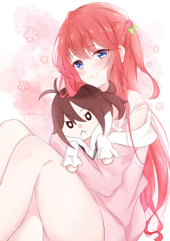 1girl :&lt; absurdres blue_eyes blush character_doll closed_mouth doll hair_ornament highres holding holding_doll hugging_doll hugging_object long_hair long_sleeves looking_at_viewer pajamas pink_pajamas rain_re_a re:zero_kara_hajimeru_isekai_seikatsu red_hair sitting smile solo theresia_van_astrea