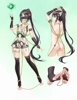 1boy absurdres bare_shoulders bit_gag black_gloves black_hair black_thighhighs blindfold blue_eyes butt_plug chain chastity_cage clothing_cutout commentary_request drooling elbow_gloves gag gagged gloves green_shirt groin highres hip_vent large_variant_set long_hair multiple_views navel navel_cutout nipple_piercing nude original piercing ponytail pubic_tattoo ribbon sex_toy shirt shorts skindentation small_chastity_cage standing standing_on_one_leg stirrup_legwear stomach tattoo testicles thighhighs toeless_legwear torn_clothes torn_shirt torn_shorts trap variant_set very_long_hair white_ribbon xo_(xo17800108)