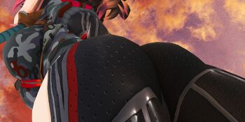 1girl artificial_limb ass ass_focus breasts camouflage camouflage_jacket from_below highres hololive jacket knife large_breasts mechanical_legs roboco-san sky solo virtual_youtuber