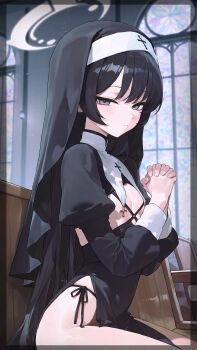 1girl absurdres alternate_costume alternate_hairstyle black_dress black_hair black_veil blue_archive breasts chair closed_mouth commentary_request covered_navel dress grey_eyes grey_halo halo highres indoors juliet_sleeves kisaki_(blue_archive) light_blush long_hair long_sleeves looking_at_viewer nun on_chair own_hands_together panties pelvic_curtain puffy_sleeves ribbon_as_bra side-tie_panties side-tie_peek sitting small_breasts solo thighs toi1et_paper underwear veil