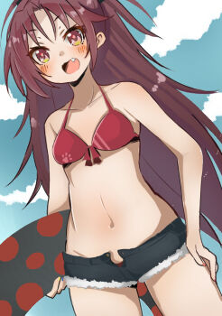 1girl bikini blue_sky blush cloud commentary_request fang fur-trimmed_shorts fur_trim innertube long_hair mahou_shoujo_madoka_magica mahou_shoujo_madoka_magica_(anime) micro_shorts navel open_clothes open_fly open_mouth open_shorts paw_print polka_dot polka_dot_innertube ponytail red_bikini red_eyes red_hair sakura_kyoko shorts sky solo stomach swim_ring swimsuit urei-hibino