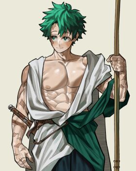1boy ancient_greek_clothes boku_no_hero_academia freckles greco-roman_clothes green_eyes green_hair holding holding_staff loopvoid male_focus matching_hair/eyes midoriya_izuku muscular muscular_male pectorals short_hair solo staff white_background