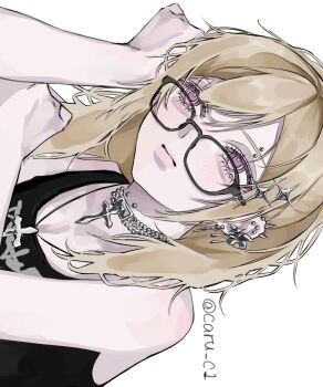 1girl aegyo_sal arm_up artist_name bead_choker bead_necklace beads black_tank_top blonde_hair caru_c1 closed_mouth commentary cross cross_necklace ear_piercing eyebrow_piercing face_piercing glasses gyaru hair_between_eyes hair_ornament head_rest highres jewelry long_hair looking_to_the_side neck_piercing necklace original piercing pink_eyes sideways simple_background solo symbol-only_commentary tank_top upper_body white_background