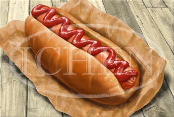 Rule 34 | artist name, commentary request, commission, food, food focus, hot dog, hot dog bun, ichen (easugden), ketchup, no humans, original, sausage, still life, table, watermark, wooden table