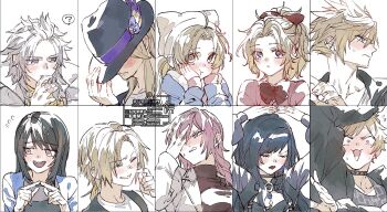 5boys 5girls ? adjusting_clothes adjusting_headwear animal_hat black_coat black_dress black_hair black_hat black_shirt black_vest blonde_hair blue_coat blush bow bowtie breasts brown_hair brown_shirt cain_highwind cardigan cat_hat clenched_teeth closed_eyes closed_mouth cloud_strife cloud_strife_(urban_wolf) coat commentary dissidia_duellum_final_fantasy dissidia_final_fantasy dress fedora final_fantasy final_fantasy_i final_fantasy_iv final_fantasy_ix final_fantasy_v final_fantasy_vi final_fantasy_vii final_fantasy_viii final_fantasy_xiii final_fantasy_xiv final_fantasy_xv flying_sweatdrops frown fur-trimmed_coat fur_trim furrowed_brow gaia_(artemis_gothic_dress)_(ff14) gaia_(ff14) grey_hair hair_between_eyes hair_bow hair_over_shoulder hand_on_own_cheek hand_on_own_face hand_on_own_head hand_to_own_mouth hat hat_feather hat_over_eyes highres index_fingers_together kain_highwind_(casual_dragoon) krile_mayer_baldesion_(ff5) krile_mayer_baldesion_(out_and_about)_(ff5) lightning_farron lightning_farron_(modern_jacket) long_hair low_ponytail low_twintails mckrs medium_breasts multicolored_hair multiple_boys multiple_girls nervous_smile nervous_sweating official_alternate_costume open_mouth parted_bangs parted_lips pink_cardigan pink_hair ponytail portrait print_shirt prompto_argentum prompto_argentum_(friendly_photographer) red_bow red_bowtie red_lips rinoa_heartilly rinoa_heartilly_(student_sorceress) school_uniform scratching_cheek shirt short_hair sidelocks smile spiked_hair spoken_question_mark streaked_hair studded_choker sweat sweatdrop teeth terra_branford_(school_cardigan) tina_branford turtleneck twintails untranslatable_commentary upper_body vest warrior_of_light_(ff1) warrior_of_light_(twilight_overcoat)_(ff1) white_background white_coat white_hat white_shirt wide-eyed zidane_tribal zidane_tribal_(vacationing_thief)