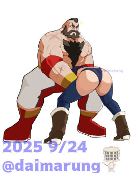 Rule 34 | 1boy, 1girl, angel (kof), backless pants, beard, boots, brown hair, chaps, chest hair, commentary request, cowboy boots, crop top, cropped jacket, crossover, daimaru (s29y2c), facial hair, flattop, highres, jacket, leather, leather jacket, mohawk, muscular, muscular male, pants, scar, short hair, snk, street fighter, street fighter 6, the king of fighters, the king of fighters xiv, toned, toned female, topless male, wrestler, wrestling outfit, zangief