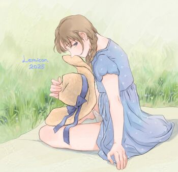 Rule 34 | 1boy, bare legs, blanket, blue bow, blue dress, blue eyes, blue ribbon, bow, braid, brown hair, bulge, crossdressing, crossdressing (mtf), dress, erection, erection under clothes, field, grass, hat, lemicon, long hair, looking at viewer, original, panties, penis in panties, picnic blanket, ribbon, seductive smile, smile, sun hat, trap, twin braids, underwear