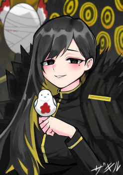 Rule 34 | 1girl, absurdres, asymmetrical hair, big bird (project moon), binah (project moon), black dress, black eyes, black hair, blonde hair, coat, colored inner hair, commentary, dress, fur trim, highres, judgement bird, library of ruina, lobotomy corporation, long hair, looking at viewer, mole, mole under eye, multicolored hair, parted lips, project moon, punishing bird, smile, solo, zakir (renc8235)