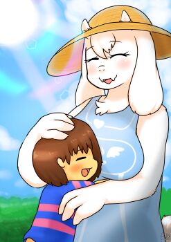 1girl ankk_(wonkake) brown_hair closed_eyes frisk_(undertale) furry goat highres hug toriel undertale utdr_(toby_fox)