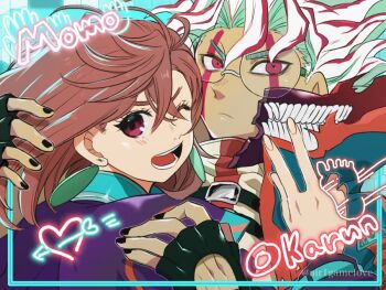 1boy 1girl aozora_airu arrow_through_heart ayase_momo black_gloves black_nails blue_jacket blush brown_eyes brown_hair character_name closed_mouth commentary_request crossed_bangs dandadan earrings eyelashes facial_mark fingerless_gloves glasses gloves hair_between_eyes hand_on_another&#039;s_shoulder jacket jewelry looking_at_viewer medium_hair multicolored_hair official_alternate_costume one_eye_closed open_clothes open_jacket open_mouth purple_jacket red_eyes red_hair round_eyewear short_hair takakura_ken_(dandadan) takakura_ken_(transformed)_(dandadan) transformation twitter_username two-tone_hair upper_body w white_hair