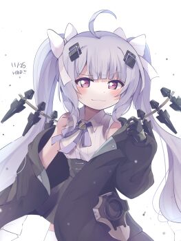 Rule 34 | 1girl, :3, ahoge, assault lily, black gloves, black jacket, black skirt, bow, commentary request, gloves, hair ornament, highres, jacket, kaya (kaiana), long hair, looking at viewer, miriam hildegard von gropius, purple eyes, shirt, signature, skirt, solo, twintails, upper body, white bow, white shirt