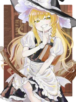 Rule 34 | 2girls, agonaga ganman, apron, black dress, blonde hair, blush, book, border, bow, braid, broom, broom riding, commentary, dress, finger to mouth, grin, hair bow, hat, highres, holding, holding book, kirisame marisa, library, long hair, looking at viewer, multiple girls, patchouli knowledge, puffy short sleeves, puffy sleeves, short sleeves, shushing, side braid, single braid, smile, sweater, teeth, theft, touhou, turtleneck, turtleneck sweater, white apron, white border, white bow, white sweater, witch, witch hat, yellow eyes