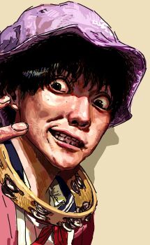 1boy black_eyes black_hair black_sailor_collar bucket_hat cardigan crossdressing crossdressing_(mtf) grin hand_up hat highres instrument looking_at_viewer male_focus mdch48 mole mole_under_eye neckerchief noko_(shinsei_kamattechan) pink_cardigan pink_hat portrait realistic red_neckerchief sailor_collar sanpaku shadow shinsei_kamattechan short_hair simple_background smile solo tambourine v wide-eyed yellow_background