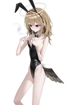 1girl absurdres animal_ears ashal_(mansu) bags_under_eyes black_eyes black_leotard blonde_hair bow bowtie breasts broken_halo cigarette cut-here_line detached_collar fake_animal_ears fallen_angel hair_between_eyes halo highleg highleg_leotard highres leotard long_hair low_wings mansu_(mansu113355) neck_tattoo original playboy_bunny rabbit_ears rabbit_tail scissor_tattoo single_wing small_breasts smoking solo strapless strapless_leotard tail tattoo traditional_halo wings