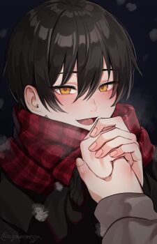 2boys agamemega artist_name black_background black_hair black_sweater blush close-up hair_between_eyes highres kogane-kun_(agamemega) long_sleeves looking_at_viewer mole mole_under_eye multiple_boys nose open_mouth original outdoors outstretched_hand pov red_scarf scarf short_hair simple_background snow snowing solo_focus steam sweater tongue twitter_username winter yaoi yellow_eyes