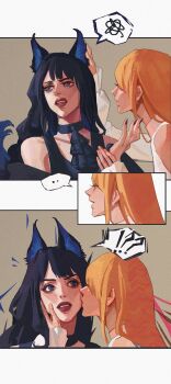 !? 2girls ascot black_ascot black_dress black_nails clothing_cutout commentary dress final_fantasy final_fantasy_xiv gaia_(ff14) grabbing_another&#039;s_ear hand_on_another&#039;s_ear hand_on_another&#039;s_face highres kemonomimi_mode kiss kissing_cheek long_hair migaloo multiple_girls open_mouth orange_hair purple_hair red_lips ryne_waters shoulder_cutout smile spoken_interrobang spoken_squiggle squiggle white_dress yuri