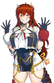 Rule 34 | 1girl, absurdres, black choker, black gloves, breasts, choker, dola (nijisanji), dragon girl, dragon horns, dragon tail, gloves, grin, hair between eyes, highres, horns, idol clothes, large breasts, long hair, looking at viewer, nijisanji, nijisanji idol uniform, red eyes, red hair, short sleeves, smile, solo, spirytus tarou, tail, very long hair, virtual youtuber