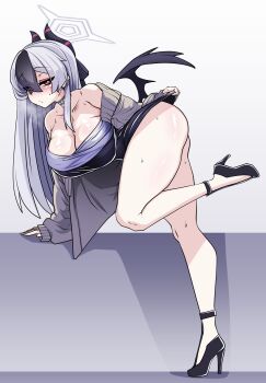 1girl absurdres alternate_breast_size ankle_strap arm_support ass bare_legs bare_shoulders bent_over black_choker black_dress black_hair black_horns blue_archive blush breasts bright_pupils choker cleavage closed_mouth clothes_lift collarbone commentary_request covered_navel demon_horns double-parted_bangs dress evening_gown eyes_visible_through_hair grey_halo grey_jacket hair_between_eyes halo high_heels highres horns jacket kayoko_(blue_archive) kayoko_(dress)_(blue_archive) korean_commentary large_breasts lazy_ant leg_up long_hair long_legs long_sleeves looking_at_viewer mole mole_on_collarbone mole_on_neck multicolored_hair off_shoulder official_alternate_costume pear-shaped_figure red_eyes shiny_skin side_slit sideways_glance simple_background single_wing skirt skirt_lift sleeves_past_wrists solo studded_choker sweat thick_eyelashes thick_thighs thighs variant_set white_background white_hair white_pupils wings