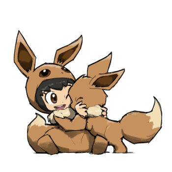 Rule 34 | 1girl, ;d, black hair, blacknirrow, brown eyes, closed eyes, cosplay, eevee, eevee (cosplay), eyelashes, gen 1 pokemon, nintendo, one eye closed, open mouth, poke kid (pokemon), pokemon, pokemon (creature), pokemon swsh, short hair, simple background, sitting, smile, teeth, upper teeth only, white background