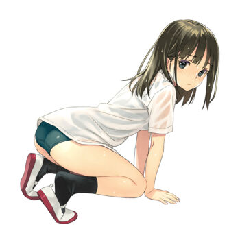 1girl ass black_hair black_socks blue_eyes blue_one-piece_swimsuit blush closed_mouth commentary_request from_side full_body koutaro long_hair looking_at_viewer looking_to_the_side one-piece_swimsuit original school_swimsuit see-through_clothes shirt shoes short_sleeves simple_background socks solo swimsuit swimsuit_under_clothes uwabaki wet wet_clothes wet_shirt white_background white_shirt white_shoes