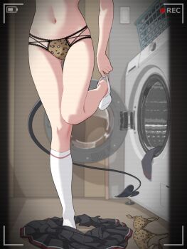 1girl black_skirt blue_archive bra commentary_request demon_tail erika_(blue_archive) kneehighs lower_body navel paid_reward_available panties pleated_skirt recording skirt socks solo special_cat standing standing_on_one_leg tail underwear undressing viewfinder washing_machine white_socks