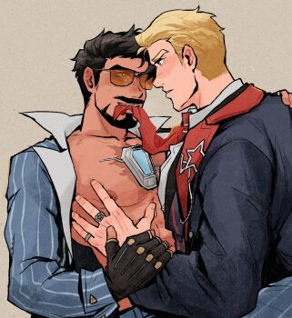 Rule 34 | 2boys, abs, arc reactor, avengers (series), black-framed eyewear, black gloves, black hair, black jacket, black suit, black vest, blonde hair, blue eyes, blue jacket, blue pants, blue suit, brown-tinted eyewear, buttons, collarbone, collared shirt, facial hair, fingerless gloves, fingernails, formal clothes, gloves, grey background, hand on another's chest, highres, holding another's wrist, jacket, jewelry, lapels, looking at another, male focus, marvel, marvel rivals, multiple boys, multiple rings, muscular, muscular male, necktie, nipples, official alternate costume, open clothes, open jacket, open shirt, pants, pectorals, red necktie, ring, shirt, short hair, simple background, sitting, smile, star (symbol), star print, steve rogers, striped clothes, striped jacket, striped pants, striped vest, suit, suit jacket, sunglasses, teeth, tinted eyewear, tony stark, v-shaped eyebrows, vest, weibo 7899261198, white hair, yaoi