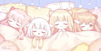 Rule 34 | 4girls, :d, ;o, animal ears, artist name, blanket, blonde hair, blunt bangs, blush stickers, brown eyes, brown hair, cat ears, cat girl, chibi, chibi only, closed eyes, closed mouth, commentary, hair ornament, highres, long hair, multiple girls, nada namie, one eye closed, open mouth, original, pillow, pink hair, short hair, sleeping, smile, star (symbol), symbol-only commentary, twitter username, under covers, white hair, wing hair ornament