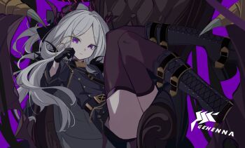 1girl black_boots black_gloves black_suit blue_archive boots closed_mouth commentary_request convenient_censoring demon_horns demon_wings formal_clothes gehenna_academy_logo gloves grey_hair halo highres hina_(blue_archive) horns long_hair looking_at_viewer no_ahoge oyaji_hime parted_bangs purple_background purple_eyes purple_thighhighs solo suit thighhighs throne wings