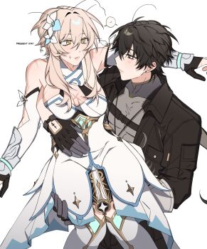 Rule 34 | 1boy, 1girl, ahoge, arm armor, artist name, bare shoulders, black gloves, black hair, black jacket, blonde hair, blush, boots, breast pocket, breasts, brown eyes, carrying, closed mouth, collared jacket, colored inner hair, commentary request, covered collarbone, crossover, detached sleeves, dress, earrings, english text, feather hair ornament, feathers, flower, genshin impact, gloves, gold trim, grey hair, grey shirt, hair between eyes, hair flower, hair ornament, half-closed eyes, hands up, hetero, highres, huge ahoge, jacket, jewelry, long hair, long sleeves, looking at another, low ponytail, lumine (genshin impact), majunjuu, male rover (wuthering waves), medium breasts, multicolored hair, necklace, open clothes, open jacket, partially fingerless gloves, pocket, ponytail, princess carry, rover (wuthering waves), scar, shirt, short hair, sidelocks, simple background, sleeveless, sleeveless dress, smile, speech bubble, sweatdrop, t-shirt, teeth, thigh boots, white background, white boots, white dress, white flower, white sleeves, wuthering waves, yellow pupils