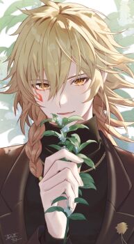 1boy absurdres arm_up black_jacket black_shirt blonde_hair braid chain chain_necklace commentary_request eyelashes facial_mark gold_chain gradient_hair highres holding holding_plant honkai:_star_rail honkai_(series) jacket jewelry lapels leaf male_focus medium_hair multicolored_hair mydei_(honkai:_star_rail) necklace notched_lapels open_clothes open_jacket parted_lips plant shirt side_braid signature smile solo suit_jacket turtleneck xxchicoxxf yellow_eyes