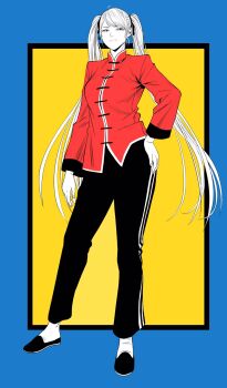 1girl ahoge breasts chinese_clothes commentary_request contrapposto full_body hand_on_own_hip highres jacket large_breasts lee_(dragon_garou) light_frown long_hair original pants partially_colored red_jacket shoes solo tangzhuang track_pants twintails very_long_hair