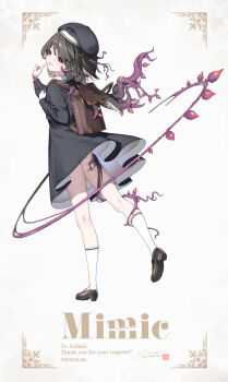 Rule 34 | + +, 1girl, backpack, bag, beret, black dress, black eyes, commentary request, commission, dress, full body, green hair, half-closed eyes, hat, highres, loafers, mimic, monster girl, original, shoes, signature, skeb commission, skirt, solo, standing, standing on one leg, symbol-shaped pupils, tentacles, veins, zenmaibook